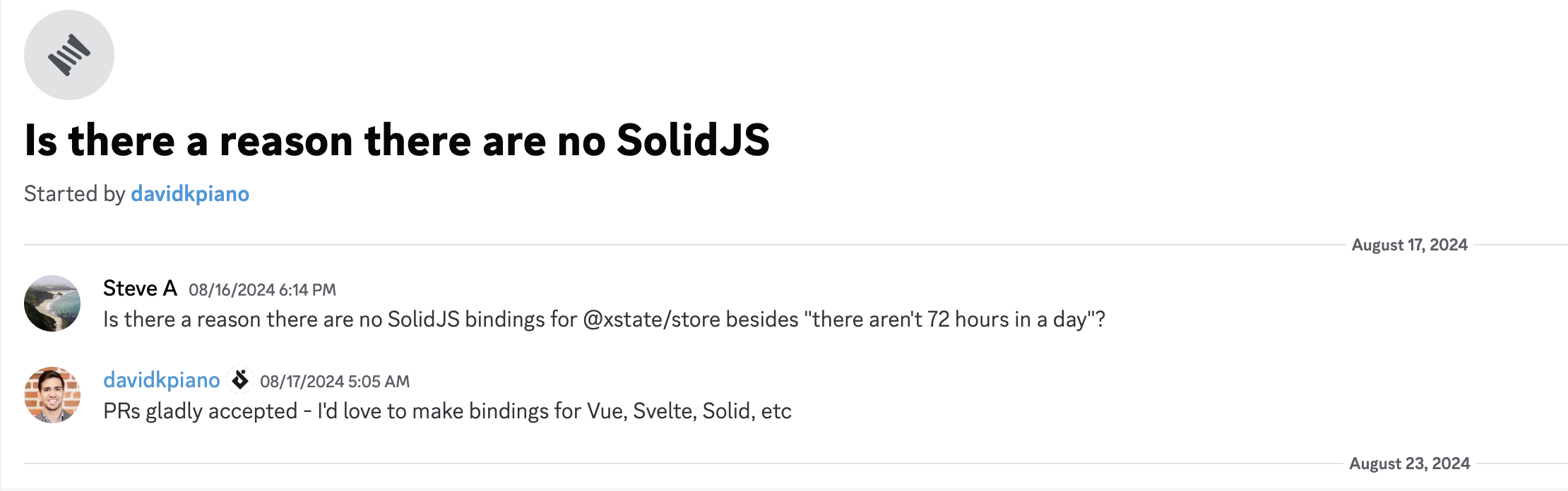 Screenshot showing GitHub issue asking about SolidJS bindings for xstate/store